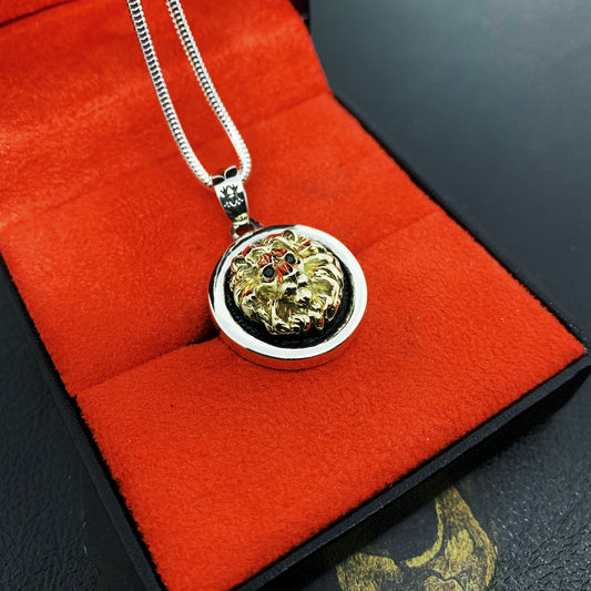 COLAR KING NEMÉIA PRATA & OURO | BASE PRATA | LEÃO E BORDAS EM ESPINÉLIO NEGRO